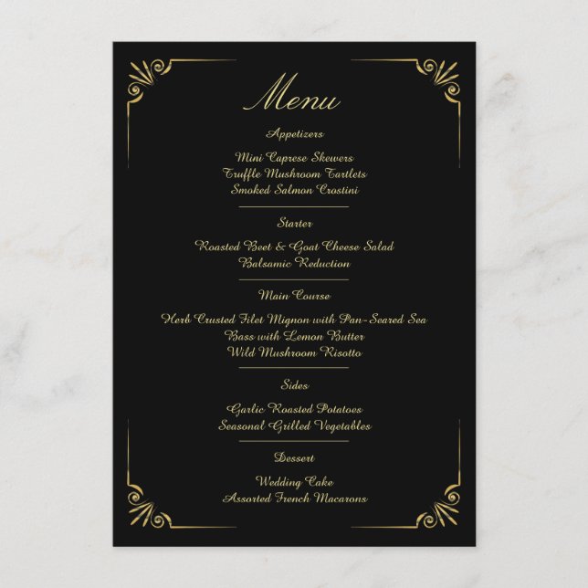 Ornate Gold Border Classic minimalist Wedding Menu (Front)