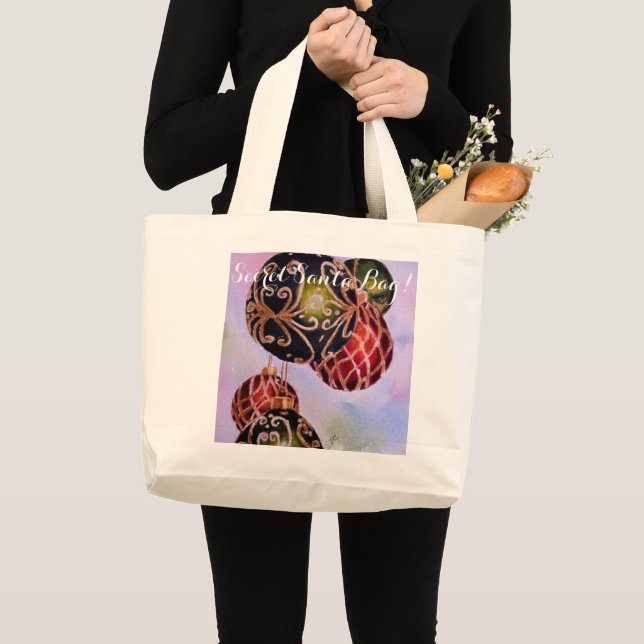 ORNATE GOLD CHRISTMAS ORNAMENTS SECRET SANTA LARGE TOTE BAG (Front (Product))