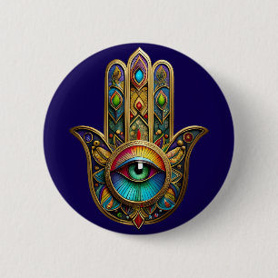 Ornate Gold Colourful Hamsa Green on Red Third Eye 6 Cm Round Badge