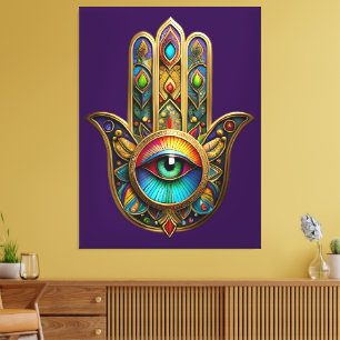 Ornate Gold Colourful Hamsa Green on Red Third Eye Canvas Print