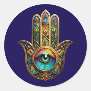 Ornate Gold Colourful Hamsa Green on Red Third Eye Classic Round Sticker