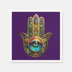 Ornate Gold Colourful Hamsa Green on Red Third Eye Napkin