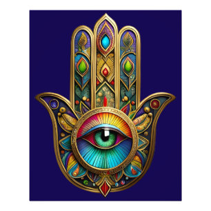 Ornate Gold Colourful Hamsa Green on Red Third Eye Photo Print