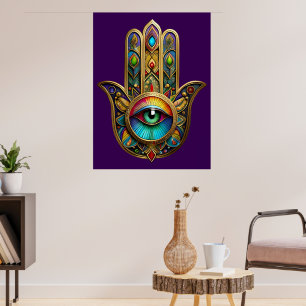 Ornate Gold Colourful Hamsa Green on Red Third Eye Poster