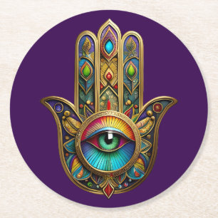 Ornate Gold Colourful Hamsa Green on Red Third Eye Round Paper Coaster