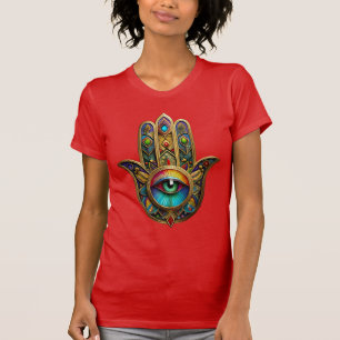 Ornate Gold Colourful Hamsa Green on Red Third Eye T-Shirt