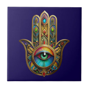 Ornate Gold Colourful Hamsa Green on Red Third Eye Tile