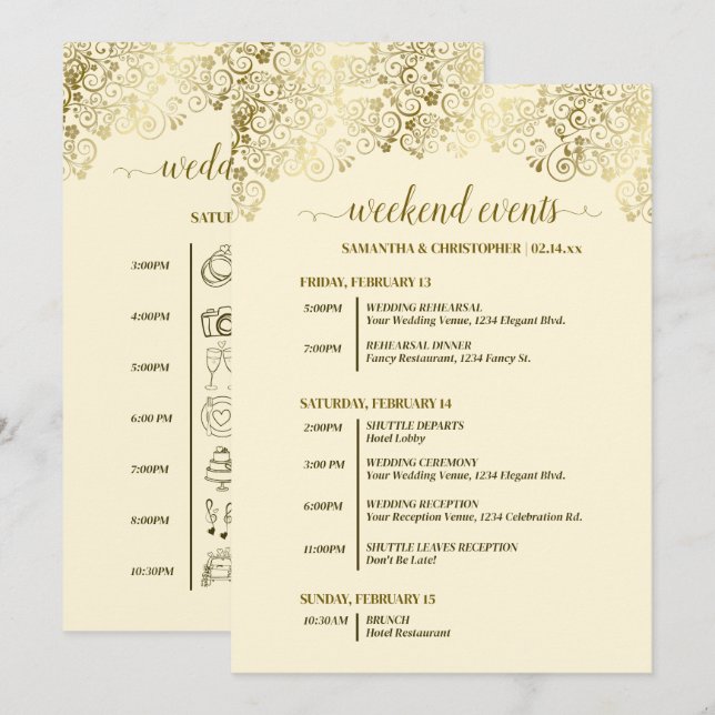 Ornate Gold & Cream Wedding Events & Timeline Programme (Front/Back)