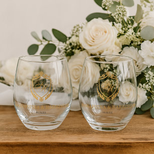 Ornate Gold Crest Monogram Wedding Stemless Wine Glass
