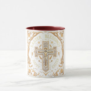 Ornate Gold Cross Easter Blessings Mens Mug