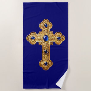 Ornate Gold Cross with Blue Stones Beach Towel