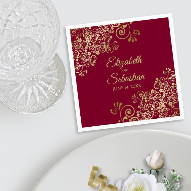 Ornate Gold Curls Elegant Burgundy Wedding Napkin (Creator Uploaded)