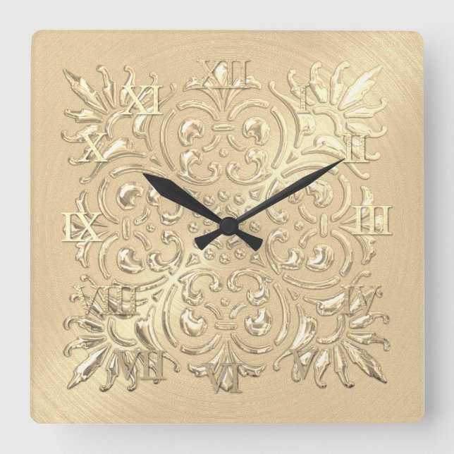 Ornate Gold Embossed Look Roman Numerals Square Wall Clock (Front)