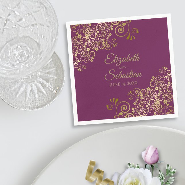 Ornate Gold Filigree Elegant Cassis Purple Wedding Napkin (In Situ with Plate)