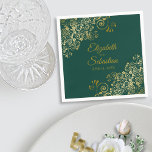 Ornate Gold Filigree Elegant Emerald Green Wedding Napkin<br><div class="desc">Make your wedding reception beautiful with these beautiful gold filigree napkins. Featuring a vintage lacy floral design on an emerald green background,  there is also elegant script lettering for the names of the couple and a place to enter the wedding date.</div>