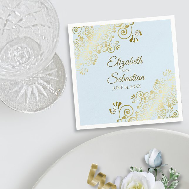 Ornate Gold Filigree Elegant Powder Blue Wedding Napkin (In Situ with Plate)