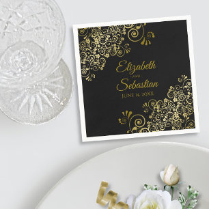 Ornate Gold Floral Filigree Elegant Black Wedding Napkin