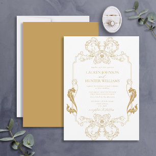 Ornate Gold Floral Line Art Monogram Wedding Invitation