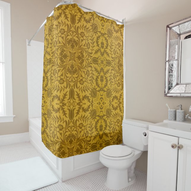 Ornate gold floral pattern with symmetrical shower curtain (In Situ)