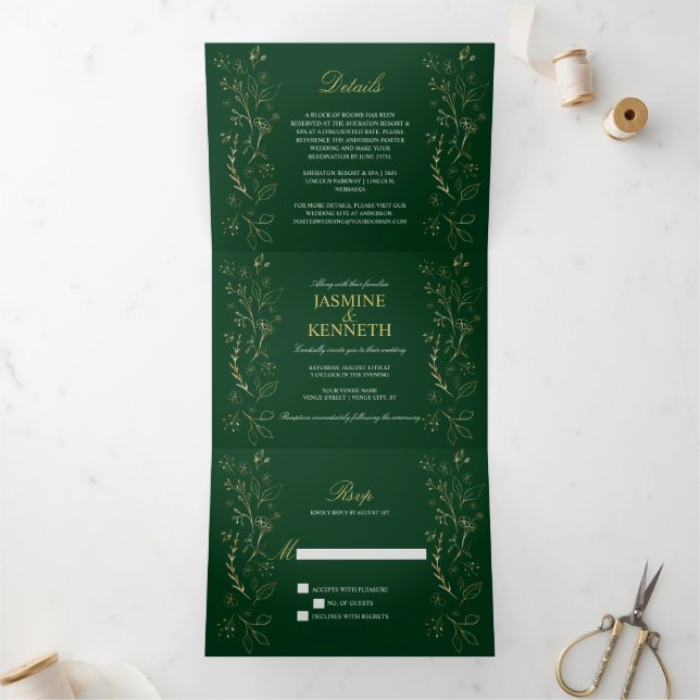 Ornate Gold Floral Swirls on Dark Green Wedding Tri-Fold Invitation (Inside)