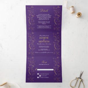 Ornate Gold Floral Swirls on Dark Purple Wedding Tri-Fold Invitation