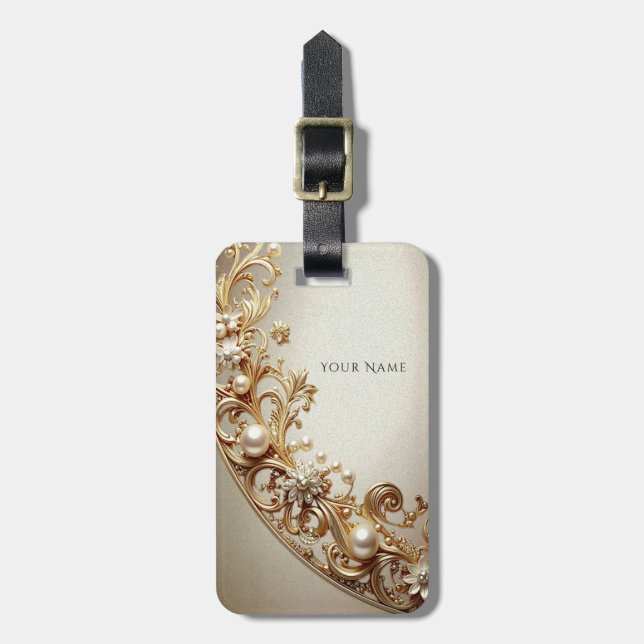 Ornate Gold Flourish Luggage Tag (Front Vertical)