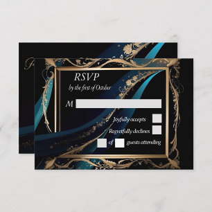 Ornate gold frame teal blue black wedding RSVP card