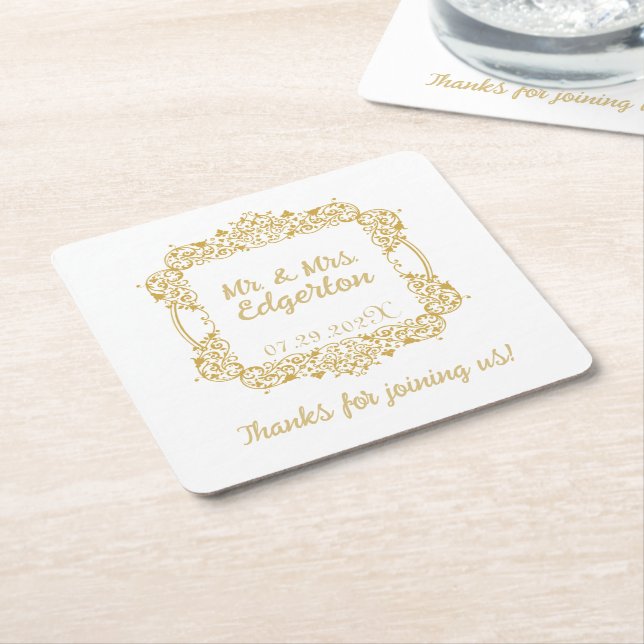 Ornate Gold Frame Wedding Personalised Square Paper Coaster (Angled)