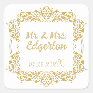 Ornate Gold Frame Wedding Square Sticker