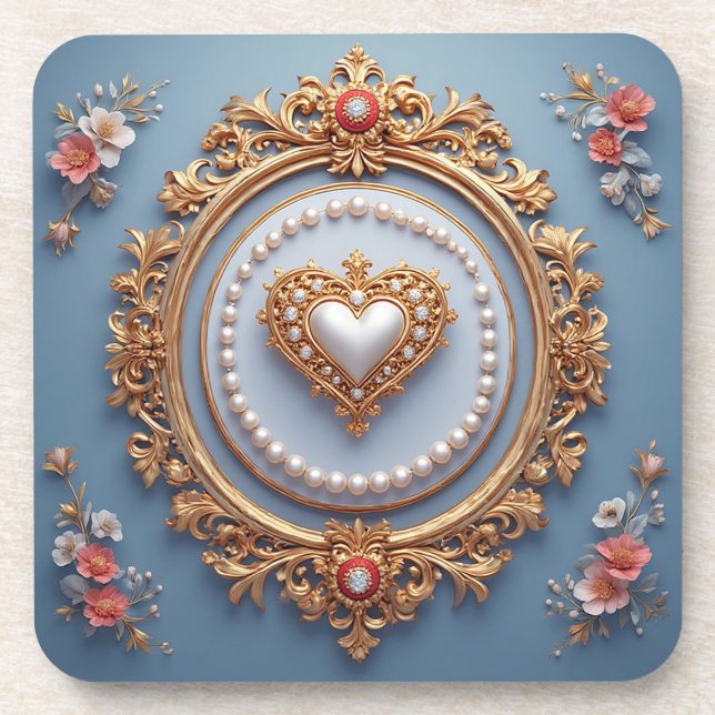Ornate Gold Frame With Heart Gem Coaster (Front)