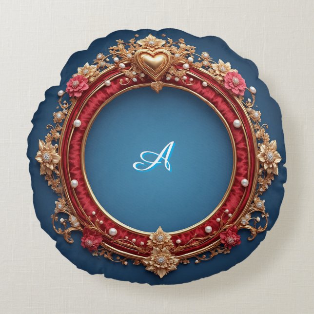 Ornate Gold Frame With Heart Gem Round Cushion (Front)