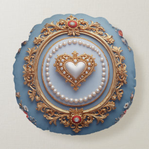 Ornate Gold Frame With Heart Gem Round Cushion