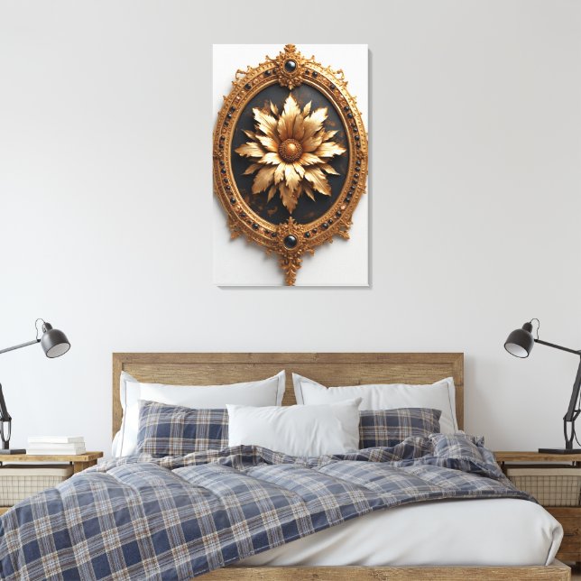 Ornate Gold Frame With Large Metallic Flower Medal Canvas Print (Insitu(Bedroom))