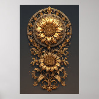 Ornate Gold Frame With Large Metallic Flower Medal Poster