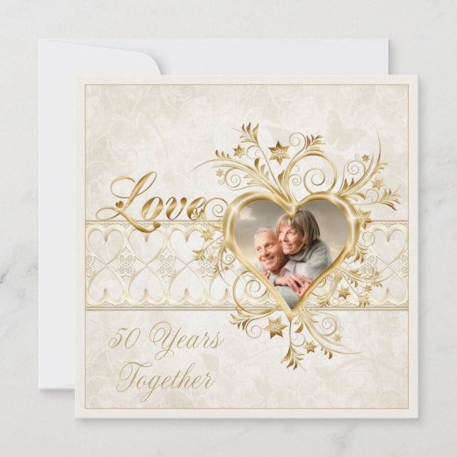 Ornate Gold Hearts Swirls Photo 50th Wedding Invitation (Front)