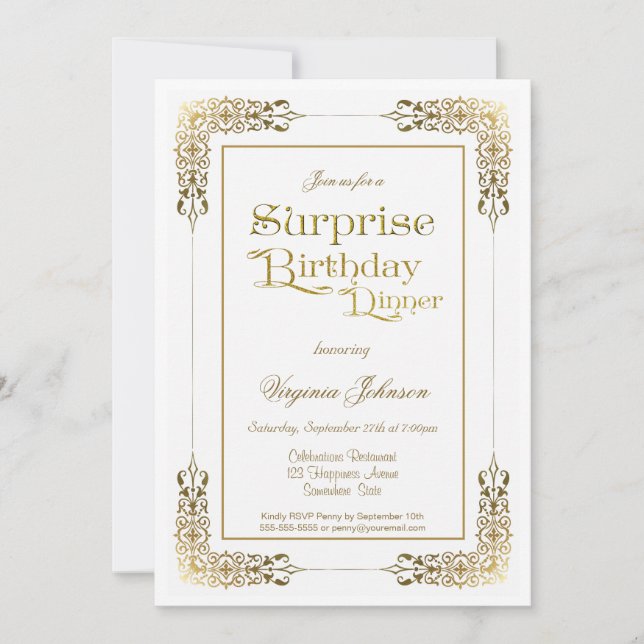 Ornate Gold Lace Surprise Birthday Dinner Party Invitation (Front)