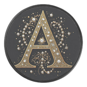 Ornate Gold Letter A Luxury Monogram Vintage Hockey Puck