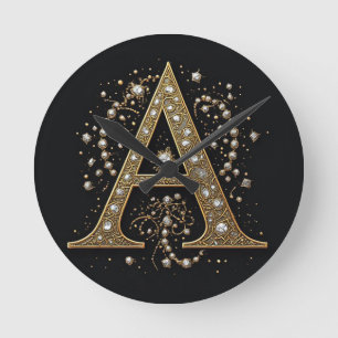Ornate Gold Letter A Luxury Monogram Vintage Round Clock