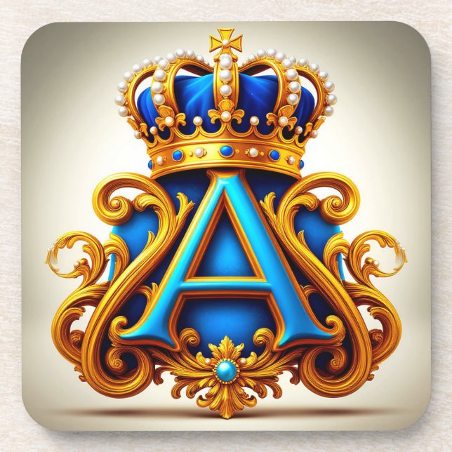 Ornate Gold Letter A With Crown Frame Design Coaster (Front)