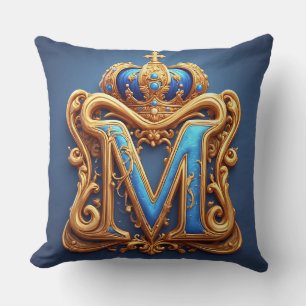 Ornate Gold Letter M With Crown Frame Design Cushion