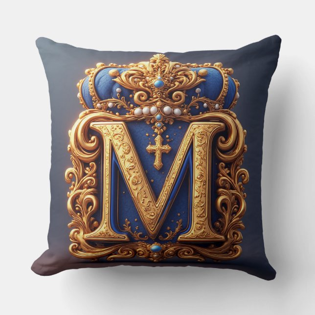 Ornate Gold Letter M With Crown Frame Design Cushion (Front)