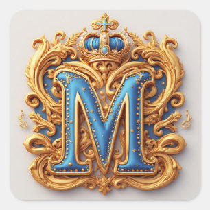 Ornate Gold Letter M With Crown Frame Design Square Sticker