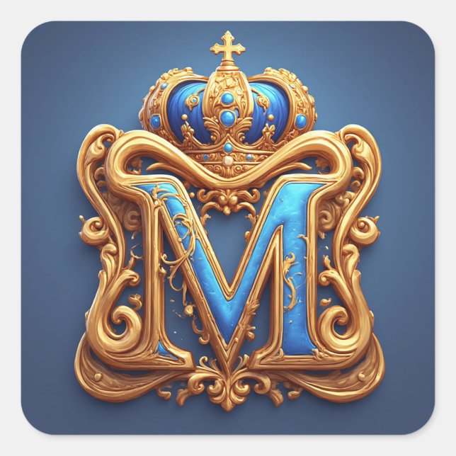 Ornate Gold Letter M With Crown Frame Design Square Sticker (Front)