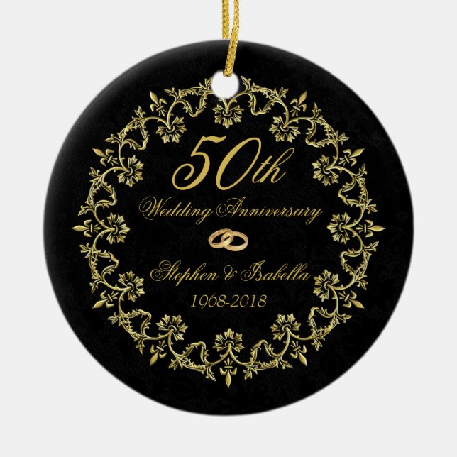 Ornate Gold on Black 50th Wedding Anniversary Ceramic Tree Decoration (Front)