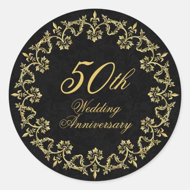 Ornate Gold on Black 50th Wedding Anniversary Classic Round Sticker (Front)