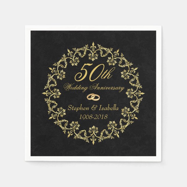 Ornate Gold on Black 50th Wedding Anniversary Napkin (Front)