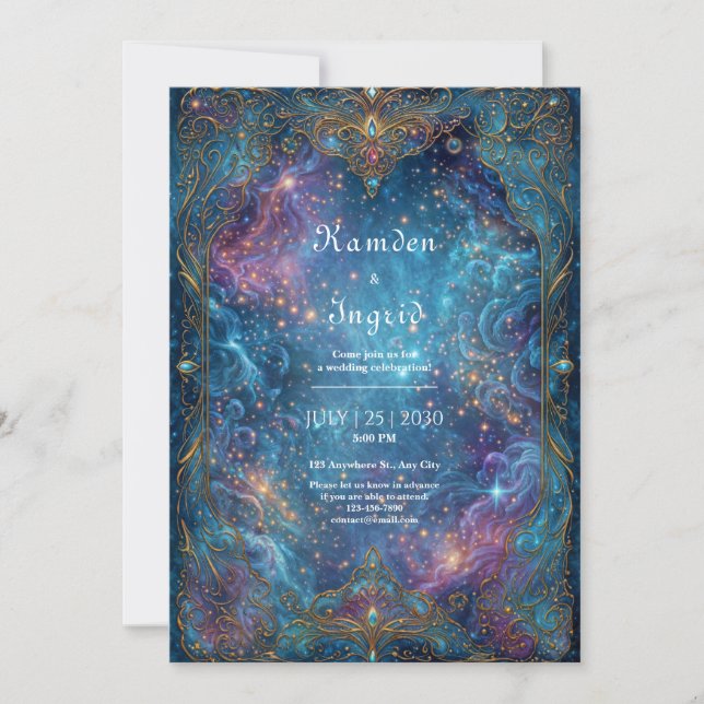 Ornate Gold Purple Nebula Wedding Invitation (Front)