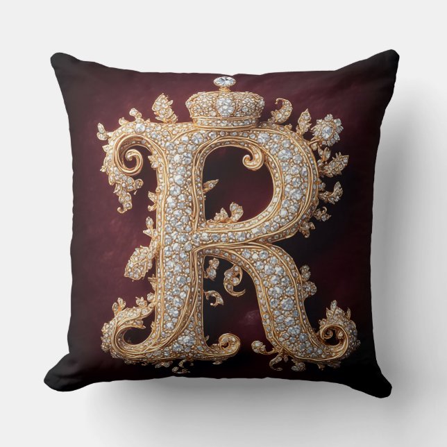Ornate Gold 'R' Adorned with Diamonds Cushion (Front)