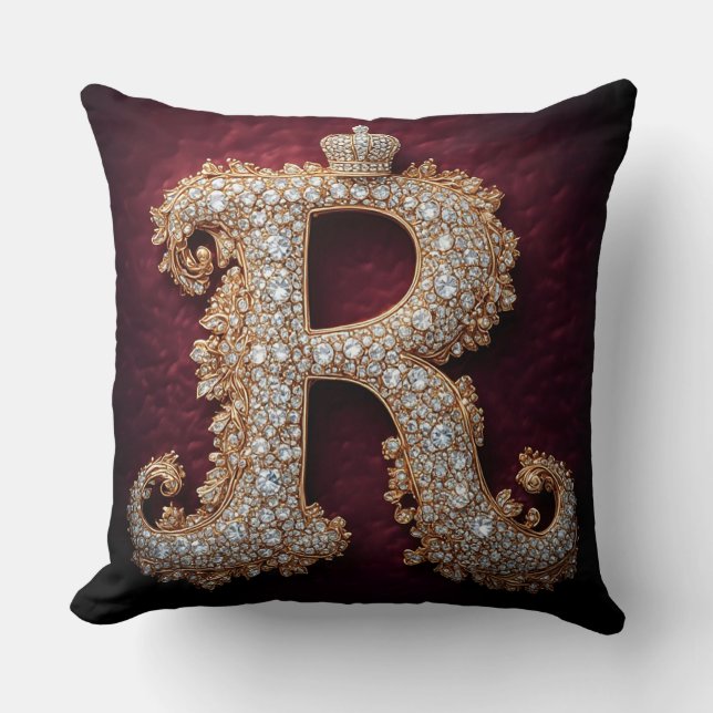 Ornate Gold 'R' Adorned with Diamonds Cushion (Front)