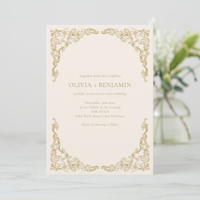 Ornate Gold Scrollwork Ivory Formal Wedding Invitation (Standing Front)